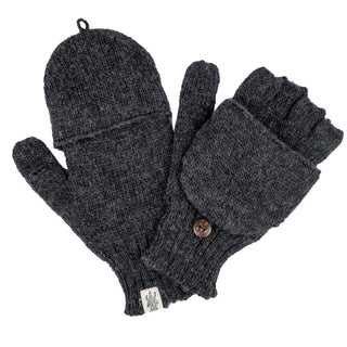 Hand Loom Bryant Fingerless Gloves w/ Flap: Dark gray convertible wool gloves with flap tops, revealing fingerless style. One glove features a brown button and a small white logo tag near the cuff.