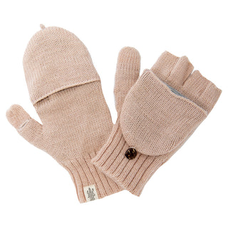 A pair of Bryant Fingerless Gloves with Flap in pink, on a white background, made with natural ingredients.