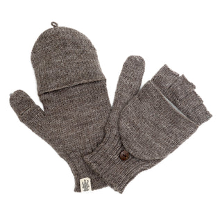 The Hand Loom Bryant Fingerless Gloves w/ Flap are brown wool gloves with a buttoned flap: one glove is shown closed as a mitten, the other open to reveal its fingerless style.