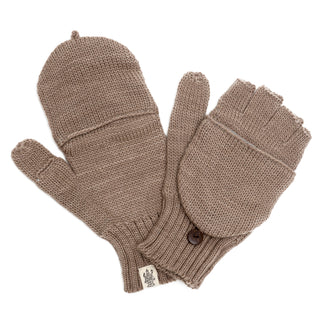 A pair of Hand Loom Bryant Fingerless Gloves w/ Flap in beige wool, with a button flap for converting to mittens and thermal cotton lining, displayed flat on a white background.