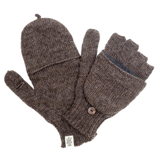 The Hand Loom Bryant Fingerless Gloves w/ Flap in brown wool features a button-secured convertible mitten flap; one glove shows the flap open, revealing fingerless openings, while the other is closed.