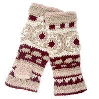 Dreams Hand Crochet Handwarmers feature beige, cream, and dark red floral patterns with decorative stitching in a Nepal-inspired wool design, handmade and shown flat on a white background.