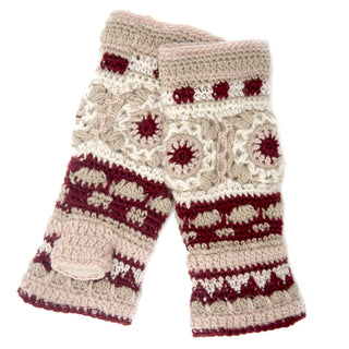 Dreams Hand Crochet Handwarmers feature beige, cream, and dark red floral patterns with decorative stitching in a Nepal-inspired wool design, handmade and shown flat on a white background.