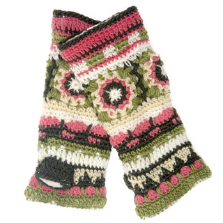 Dreams Hand Crochet Handwarmers feature a handmade Nepal crochet design with geometric and floral patterns in green, pink, black, and white yarn, shown laid flat on a white background.