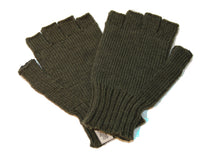 A pair of Hand Loom Striped and Solid Fingerless Gloves in olive green, handmade from merino wool, is displayed overlapping on a white background.