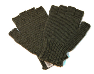 A pair of Striped and Solid Fingerless Gloves in olive green Merino wool is laid flat on a white surface, with one glove slightly overlapping the other.