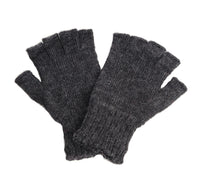 A pair of Hand Loom Striped and Solid Fingerless Gloves in dark gray merino wool is displayed flat with the cuffs slightly overlapping. Each handmade glove showcases a ribbed pattern, open fingertips, and a cozy knitted texture.