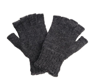 A pair of Striped and Solid Fingerless Gloves is shown, lying flat on a white surface with one glove slightly overlapping the other.