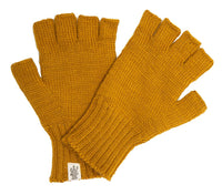 A pair of Hand Loom Striped and Solid Fingerless Gloves in mustard yellow knitted merino wool, featuring ribbed cuffs. Both gloves are displayed flat with one overlapping the other, and a small white tag is visible on one cuff.