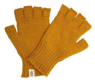 A pair of Striped and Solid Fingerless Gloves in mustard yellow Merino wool with ribbed cuffs, shown overlapping on a white background. One glove features a small white tag with a logo.