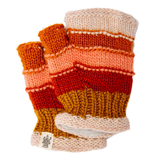 Handmade in Nepal, Short Cuff Fingerless Gloves feature horizontal stripes in orange, red, yellow, and beige, plus a small fabric tag near the wrist.