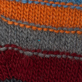Close-up of Short Cuff Fingerless Gloves knit fabric, showing horizontal stripes in blue, orange, gray, and burgundy. The handmade in Nepal craftsmanship is highlighted by the detailed stitches and texture.