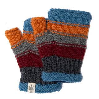 Short Cuff Fingerless Gloves are handmade in Nepal with blue, orange, gray, and red stripes and feature a small white tag on one cuff.