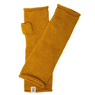 A pair of yellow, Forever Long Handwarmers on a white background.