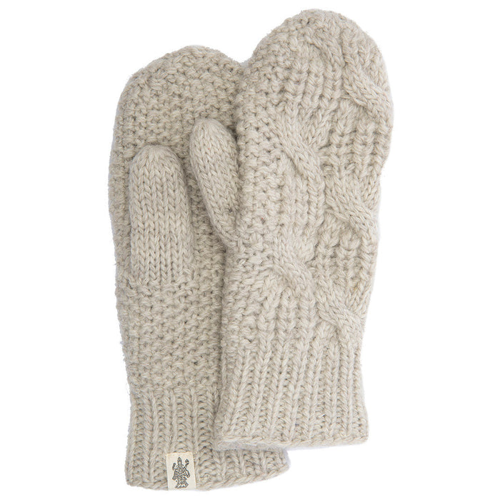 A pair of Side Cable Hand Knit Mittens in a thick, cream-colored yarn with a cable pattern design. One mitten is placed on top of the other to display both the front and back textures, and a small tag is attached to the wrist cuff.