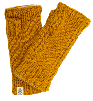 A pair of Diagonal knit handwarmers with a ribbed design and a small tag featuring an emblem on the right mitten.