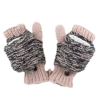 A pair of Speckle Knit Mittens fingerless gloves with buttons on them.