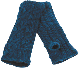 A pair of Tree Berry Handwarmers in blue, hand-knitted leg warmers with cable patterns and fleece lining, displayed on a white background.
