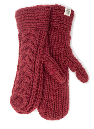 A pair of thick, red Soho Mittens made from Merino Wool, featuring a braided cable pattern on top and ribbed palms, are shown side by side on a white background—ideal mittens for women wanting warmth and style.