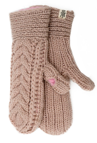 Soho Mittens: Cozy, hand-knit beige mittens with a classic cable pattern on top, plain knit underside, and a small fabric tag—perfect Merino Wool choice for women who want warmth and style.