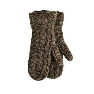 The Soho Mittens are brown Merino Wool mittens with a herringbone pattern, hand-knit for women who want stylish and warm accessories. Folded together, they look elegant against a white background.