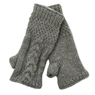 A pair of grey, organic cable handwarmers.