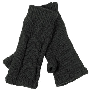 A pair of Cable Handwarmers in black, organic knitted gloves on a white background.