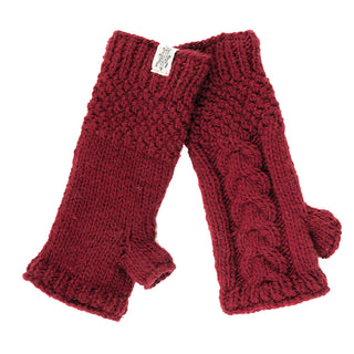 A pair of Cable Handwarmers organic burgundy knitted fingerless gloves.