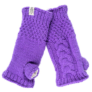 A pair of purple Cable Handwarmers made from organic materials.