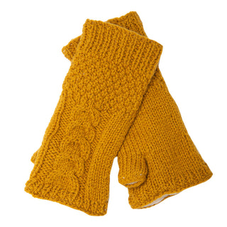 A pair of yellow, organic Cable Handwarmers on a white background.