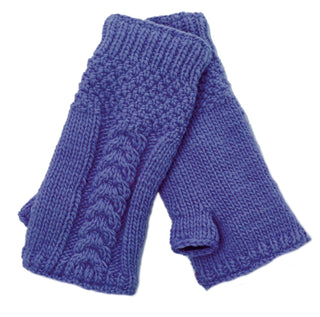 A pair of purple Cable Fingerless Gloves made from Merino wool, featuring a textured cable pattern—stylish winter handwarmers for women, crossed on a white background.