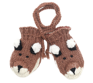 A pair of Hand Loom Fox Mittens for children: brown hand-knit wool, joined by a string, with white and black yarn details forming cute animal faces.