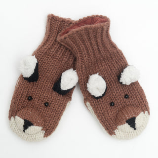 A pair of Hand Loom Fox Mittens for kids in brown, featuring white ears, black eyes, and a cream snout. These hand-knit wool mittens are shown overlapping on a white background.