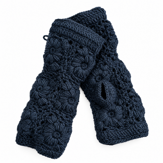 The Flower Hand Crochet Fingerless Gloves are dark blue, made of wool with a floral pattern and thumb opening, shown on a white background.