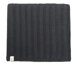 A black, 100% wool Ribbed Neckwarmer on a white background.