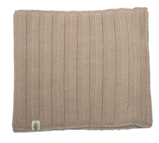 A beige, 100% wool ribbed neckwarmers on a white surface.