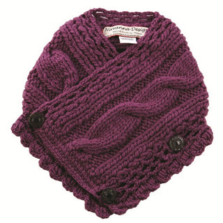 A purple, chunky, hand-knit poncho with black buttons and a Soft Wool Rib Knit Pretty Neck Warmer cowl neckline.