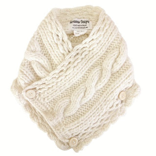 A cream-colored hand-knit Soft Wool Rib Knit Pretty Neck Warmer with buttons displayed on a white background.