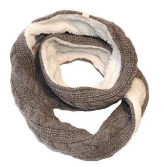 A grey and white Trinitas Sherpa Lined Infinity Scarf on a white background.