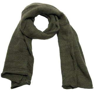 The Hand Loom Air Wrap Scarf, in olive green, features a simple textured pattern and soft, medium-weight yarn. It is loosely folded and displayed on a white background.