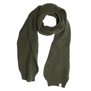 A handmade Laurent Scarf, green and ribbed, on a white background.