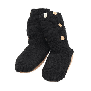 A pair of black slipper socks with 3 buttons.