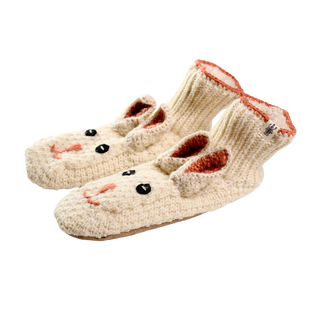 A pair of hand-knit wool Rabbit Slippers designed to resemble rabbits, adorned with floppy ears, button eyes, and a stitched nose and mouth. These cozy winter slippers feature a ribbed ankle cuff and a soft, textured finish.