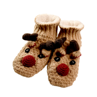 A pair of Reindeer Slippers, designed as festive footwear, showcases knitted craftsmanship with bright red noses, brown antlers, and cream cuffs. These charming socks are presented side by side on a plain black background.