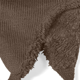 Close-up of the Hand Knit Snug Hat in brown, featuring a soft, fluffy, fleece-like lining and irregular edges, displayed against a white background.