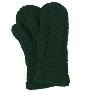 A pair of Soho Mittens for women in dark green, hand-knit with a chevron pattern on top, shown stacked against a white background.