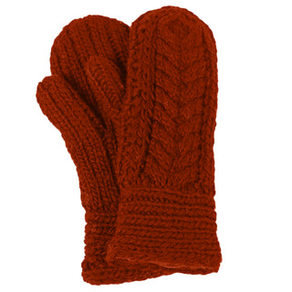 A pair of Soho Mittens, hand-knit in red with a braided pattern and ribbed cuffs, are stacked atop each other on a white background.