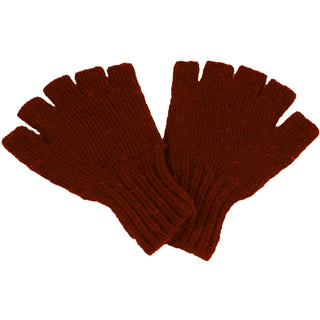A pair of Striped and Solid Fingerless Gloves in red, made from knitted Merino wool, displayed on a white background.