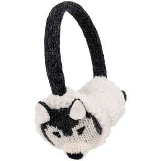 Hand Knit Wolf Earmuffs with a plush husky dog face, featuring a black adjustable band and white ear coverings detailed in black and gray to resemble the husky’s facial features.