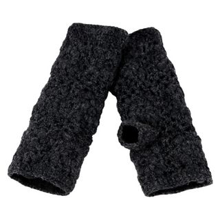 The Flower Crochet Handwarmers are black, textured hand warmers with a thumb hole, shown laid flat on a white background.